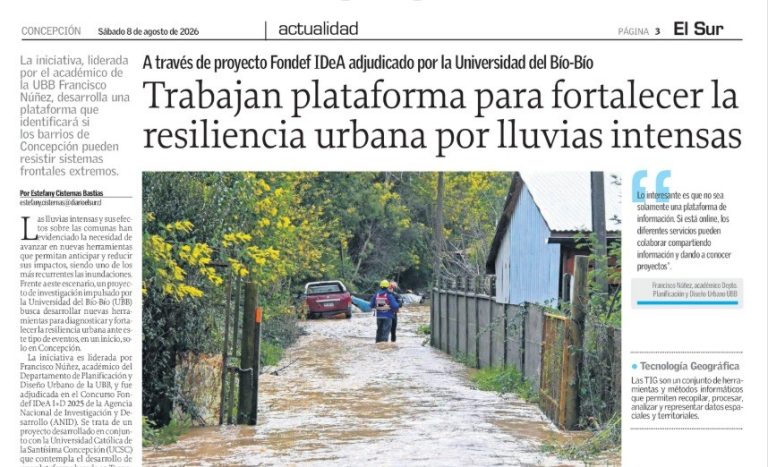 Investigador UBB destaca en diario El Sur por proyecto que busca fortalecer la resiliencia urbana frente a lluvias intensas